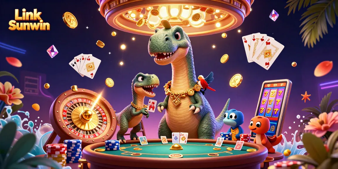 Engage in thrilling gameplay with Link Sunwin at a vibrant casino scene featuring a brontosaurus and raptor in action.