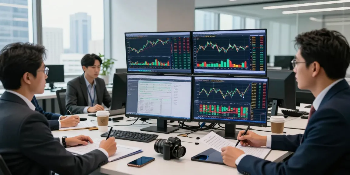 Financial analysts monitoring stock market indices live in a modern trading room.