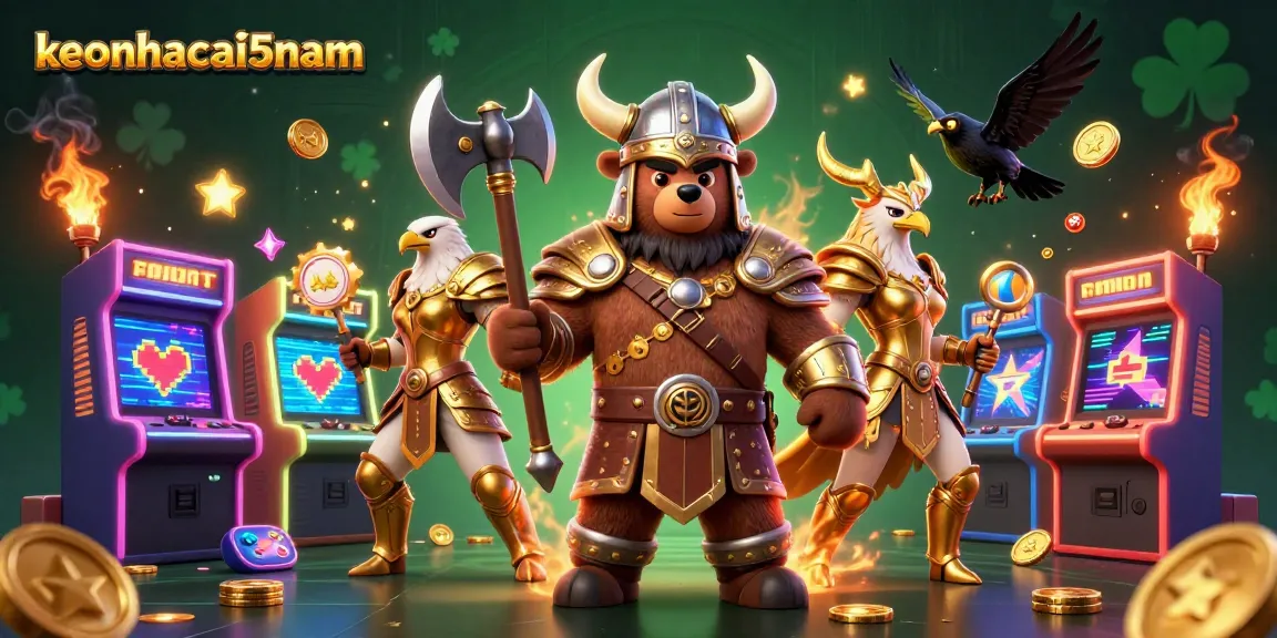Engage with keonhacai5nam's thrilling gaming world featuring a Viking bear and Valkyrie eagle.