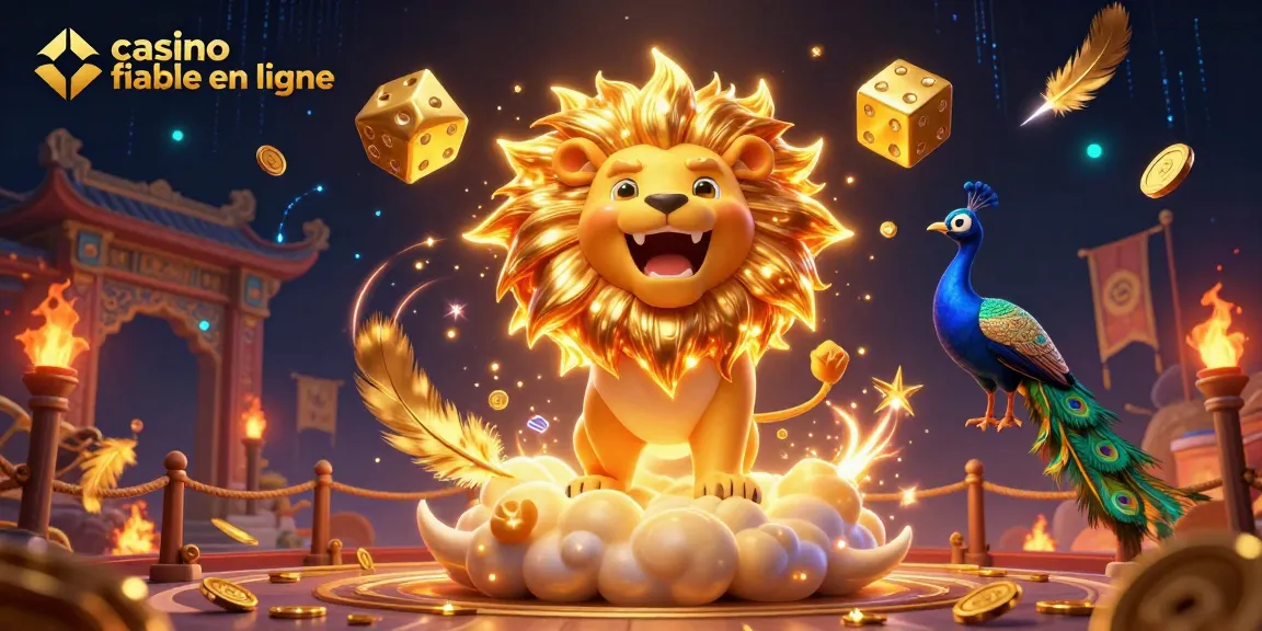 Capturez l'excitation d'un casino fiable en ligne avec un lion en 3D, des dés dorés et une ambiance dynamique.