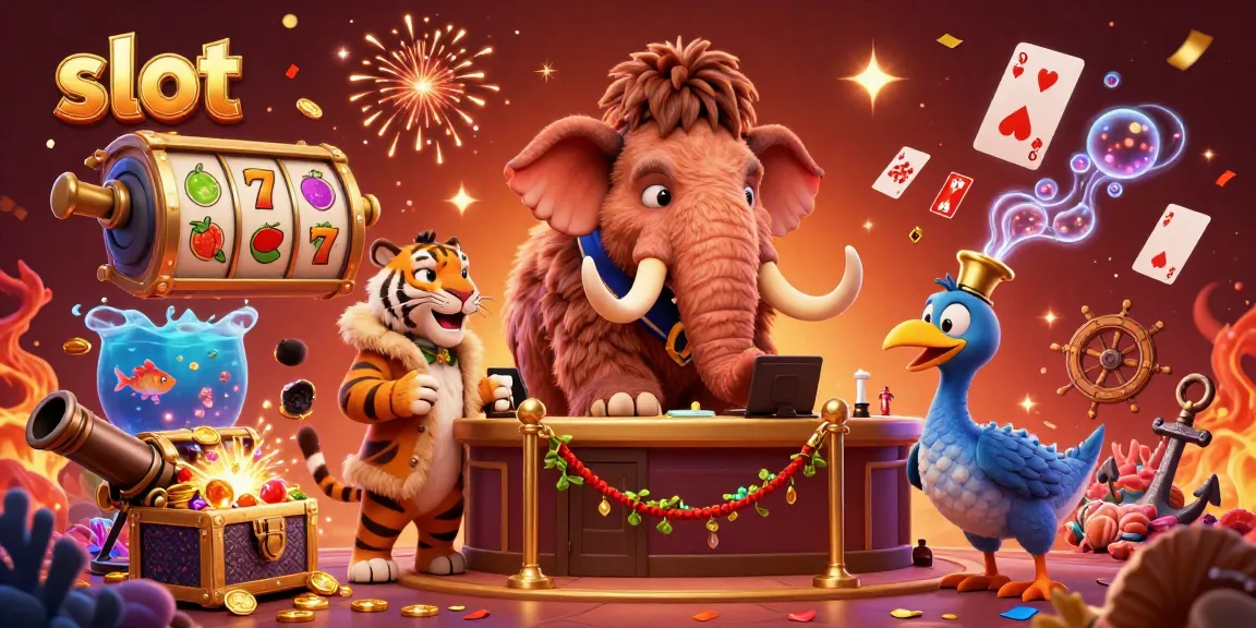 Experience the excitement of slot games with a vibrant 3D illustration showcasing a bouncer mammoth, VIP tiger, and dodo doorman among casino elements.