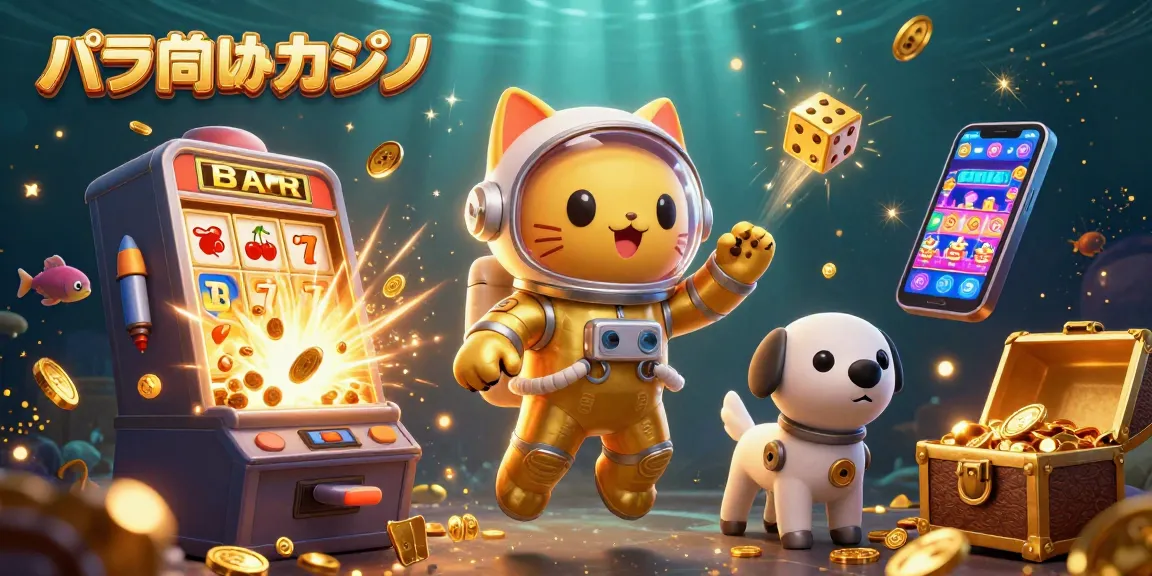 バカラ向けカジノでの勝利を目指す、浮遊する宇宙猫とロボットの犬のイラスト。