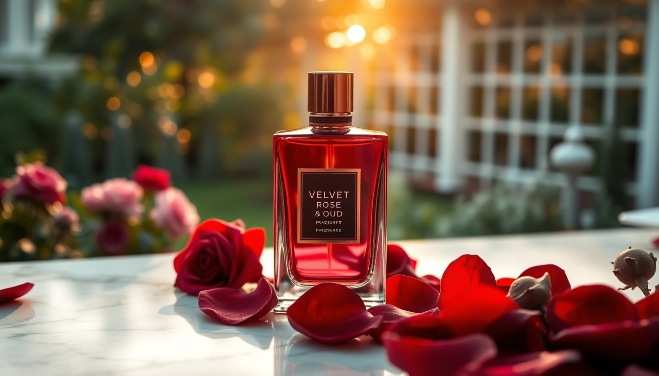 Beautiful Velvet rose & oud fragrance bottle surrounded by rose petals and oud wood.