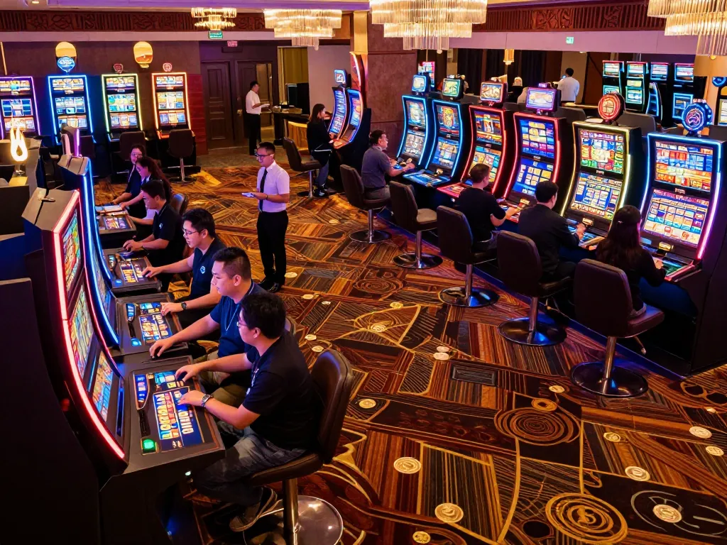 Players engaging with colorful slot machines showcasing the dynamic atmosphere of rr88c online gaming platform.