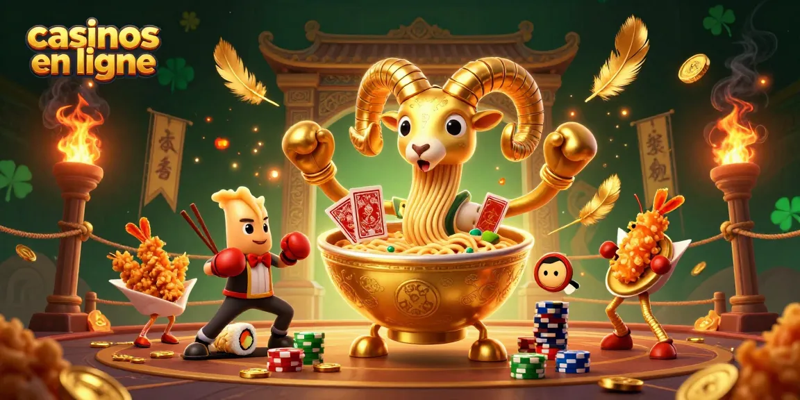 Jouez dans des casinos en ligne avec une illustration dynamique d'un bol de ramen géant et des personnages colorés.