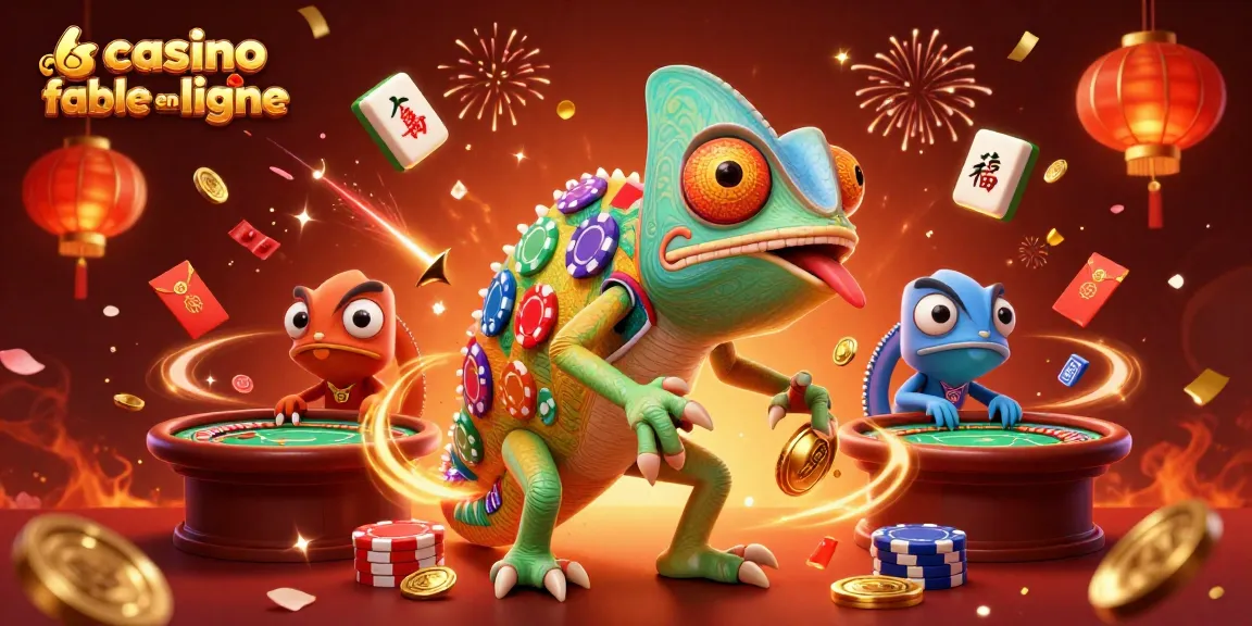 Une animation de casino fiable en ligne avec un caméléon propriétaire attrapant des pièces d'or sous des feux d'artifice.