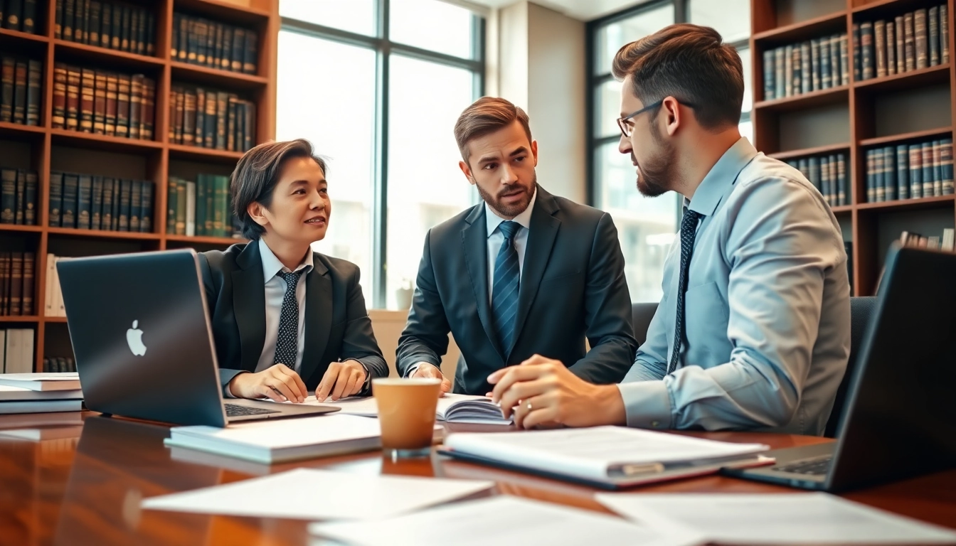 Focused intellectual property lawyer consulting with a client in a professional office setting.