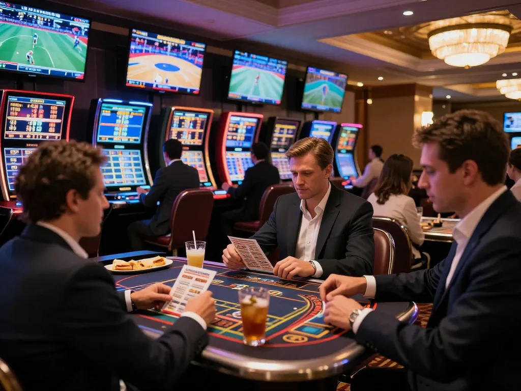 Excited patrons engaging with kèo nhà cái while placing bets in a vibrant sports betting lounge.