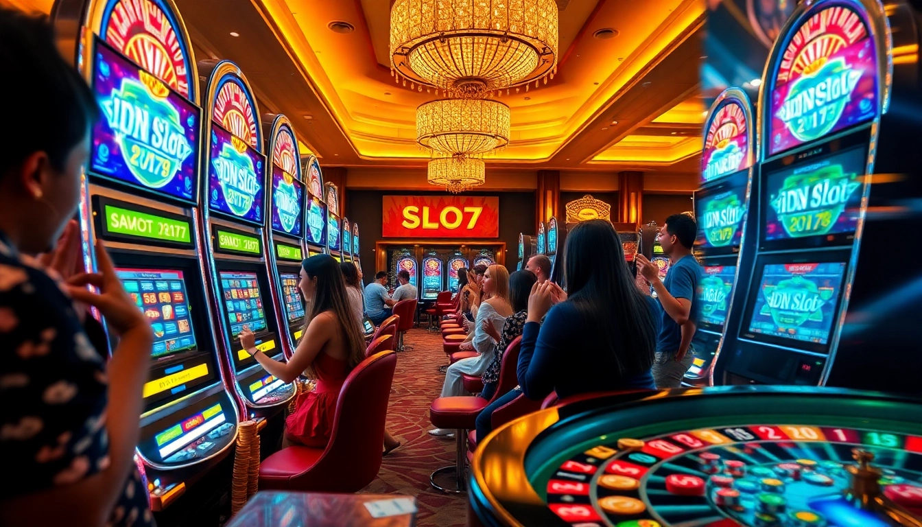 Experience the excitement of idnslot gaming with players at vibrant slot machines.