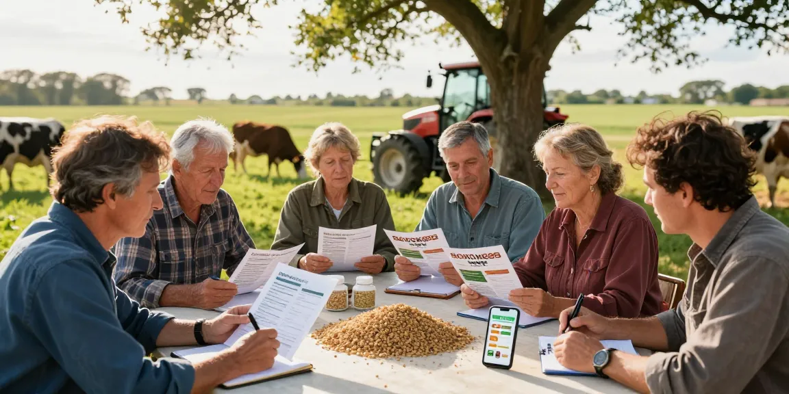 Farmers discuss ROKOK88 livestock feed quality surrounded by healthy animals and lush fields.