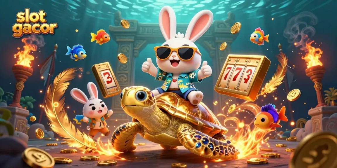 Engaging illustration showcasing slot gacor with a lucky rabbit and sea turtle amidst vibrant casino elements.