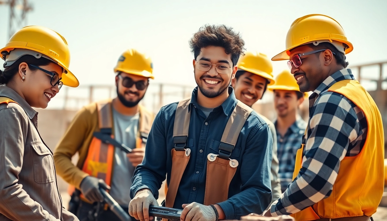 DAS 142 form interaction among apprentices in a construction site showcasing teamwork and skill development.