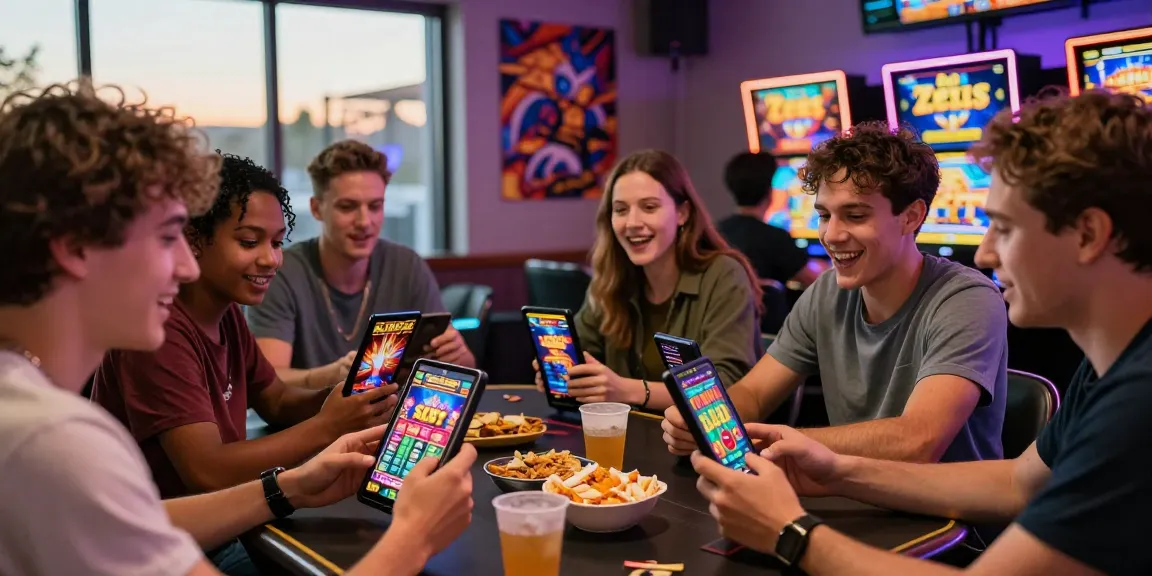 Engaged friends playing Slot Zeus on mobile devices in a lively gaming atmosphere.