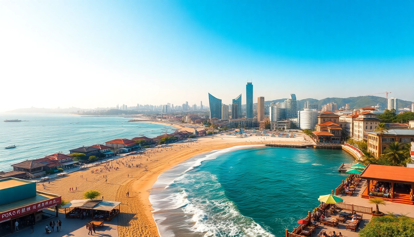 Breathtaking aerial view of Qingdao's coastline, bustling markets, and iconic skyline.