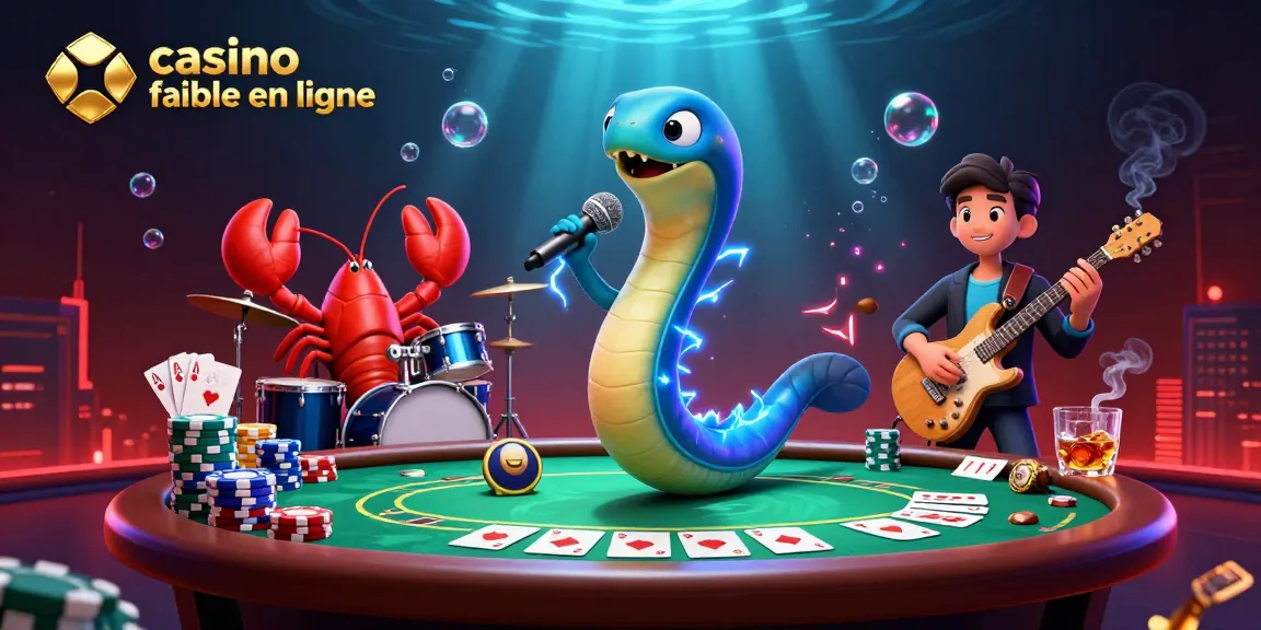 Image d'un casino fiable en ligne réunissant un anguille DJ, un homard batteur et un hippocampe guitariste, avec des éléments de poker.