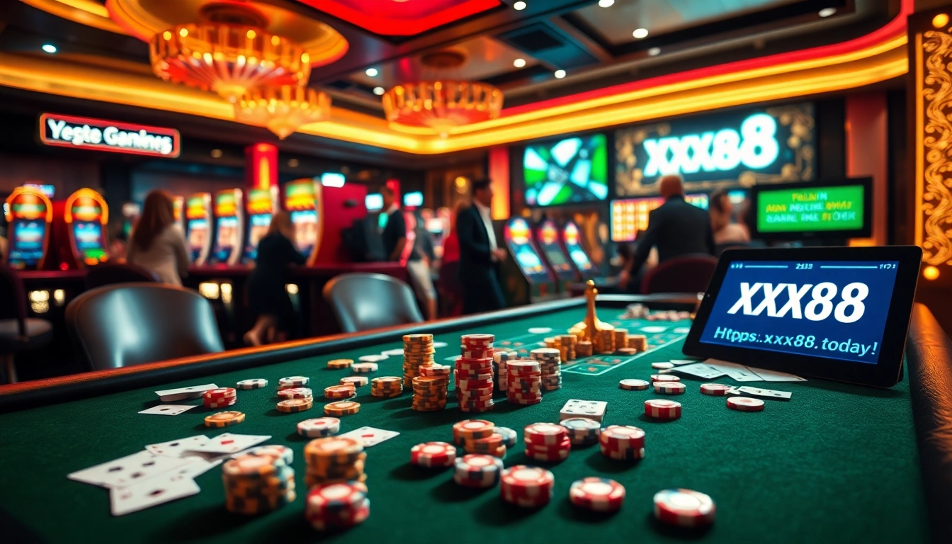 The excitement of gambling at a casino featuring https://xx88.today/ with vibrant tables, cards, and slot machines.