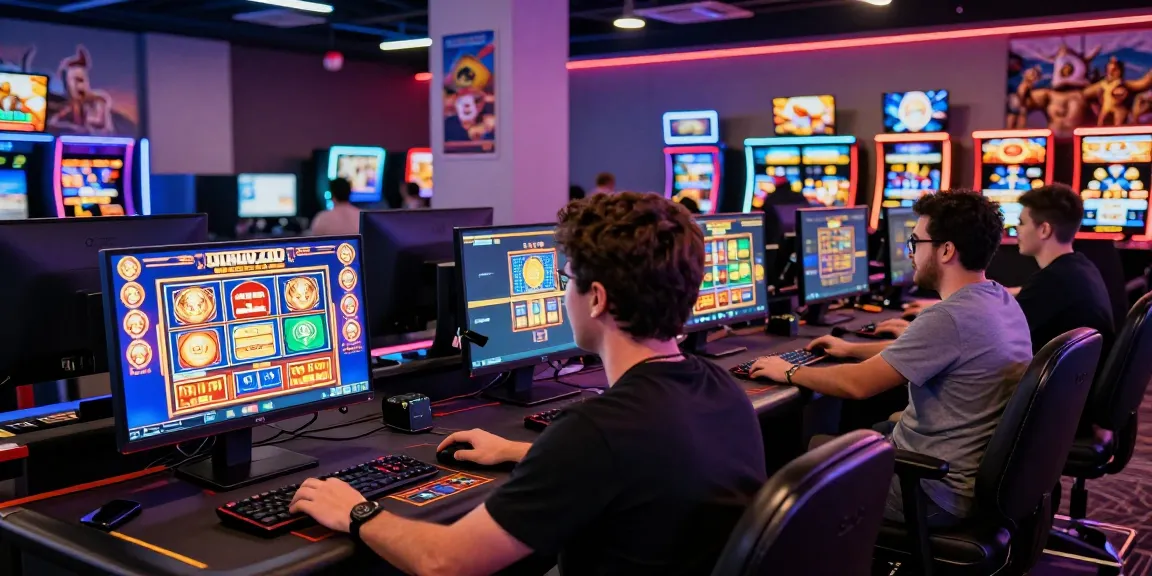 Players at computers enjoying credit card casinos in a vibrant gaming lounge, showcasing excitement and modern online gambling.