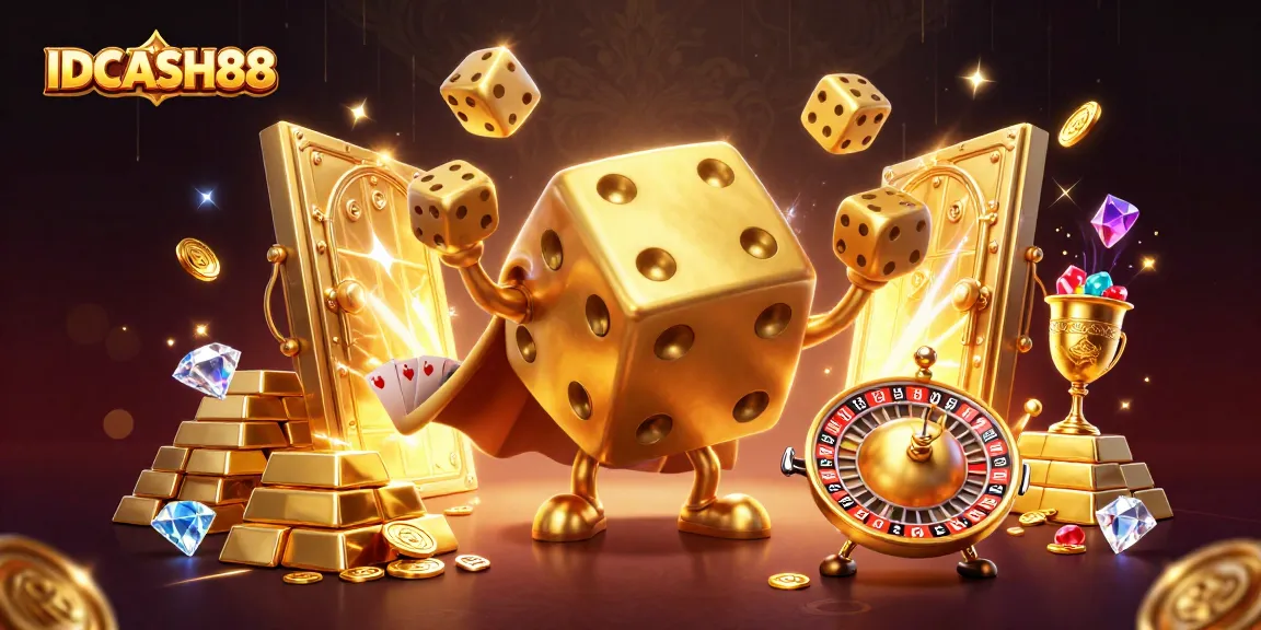 Engage in thrilling gaming experiences with IDCASH88, featuring a dynamic golden dice golem juggling treasures in a vibrant casino scene.
