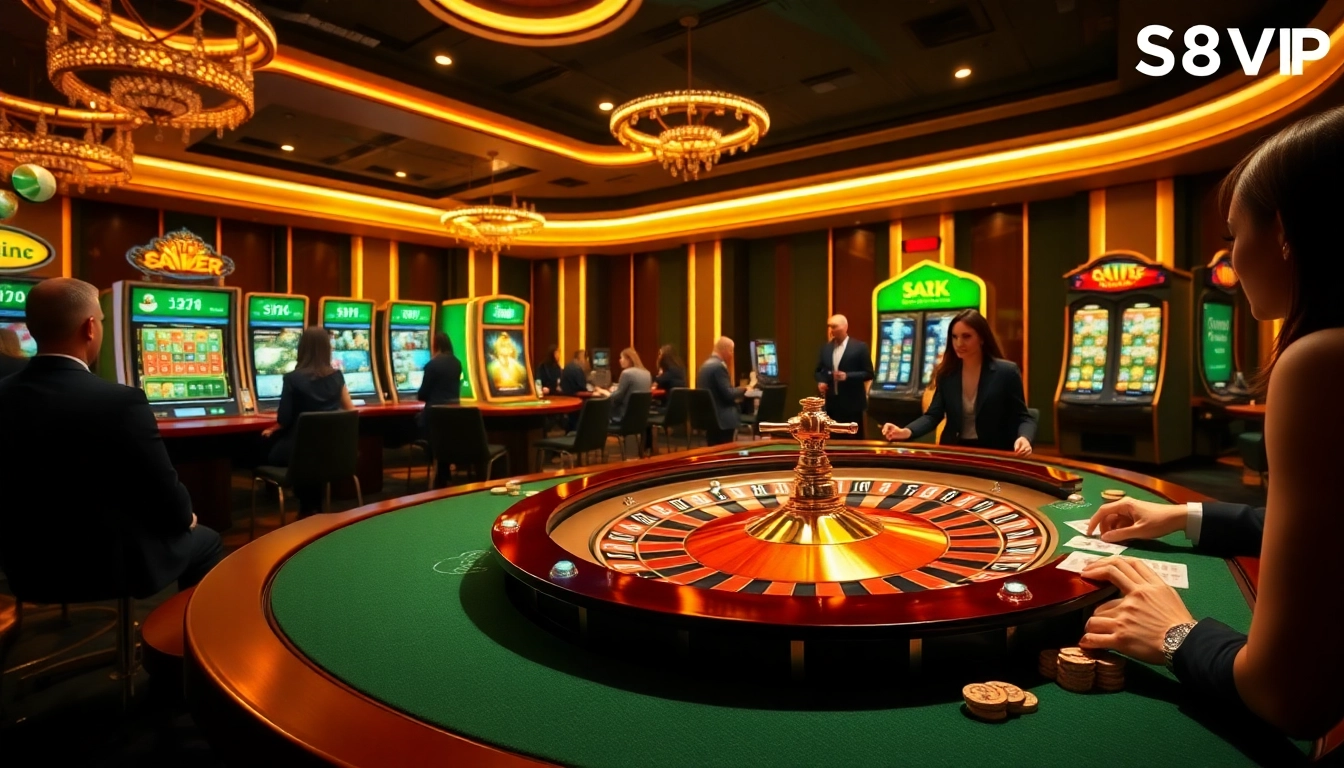 Experience the thrill of gambling at Trang chủ S88VIP with a vibrant casino scene showcasing roulette and poker elements.