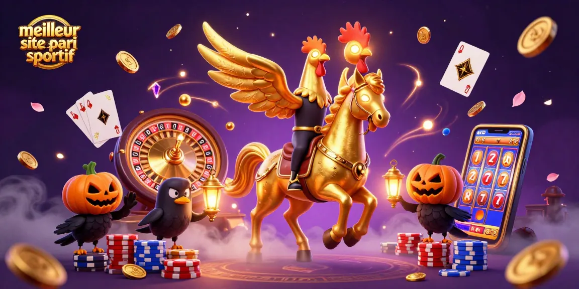 Le meilleur site de pari sportif animé par un coq doré sur son cheval spectral, fleurissant dans un casino nocturne.