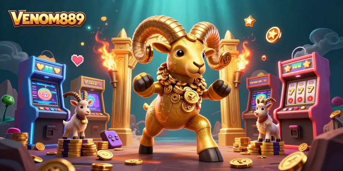 Play big at VENOM889 with a golden ram charging through an exciting casino scene packed with game elements.