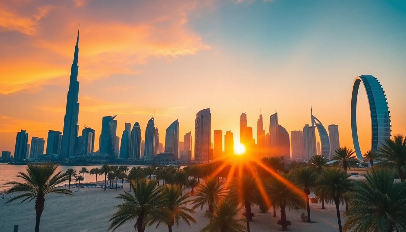 Visit the Best Hotspots in Dubai with vibrant skyline scenes and palm trees under a sunset.