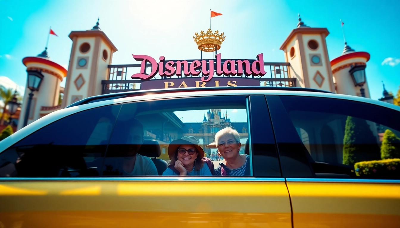 Experience Disneyland Paris airport transfer services with a family near the park entrance.