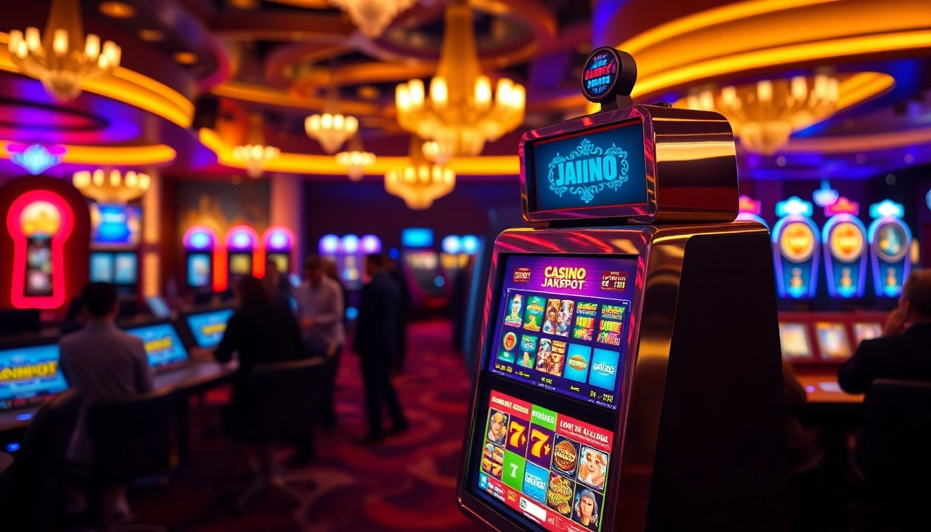 Situs toto yang menampilkan mesin slot jackpot di kasino yang ramai.