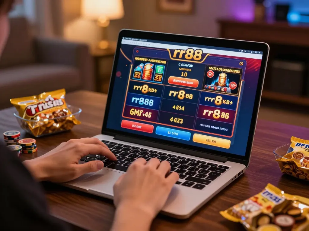 Playing casino games on rr88 online platform from home, engaging setup and exciting atmosphere.