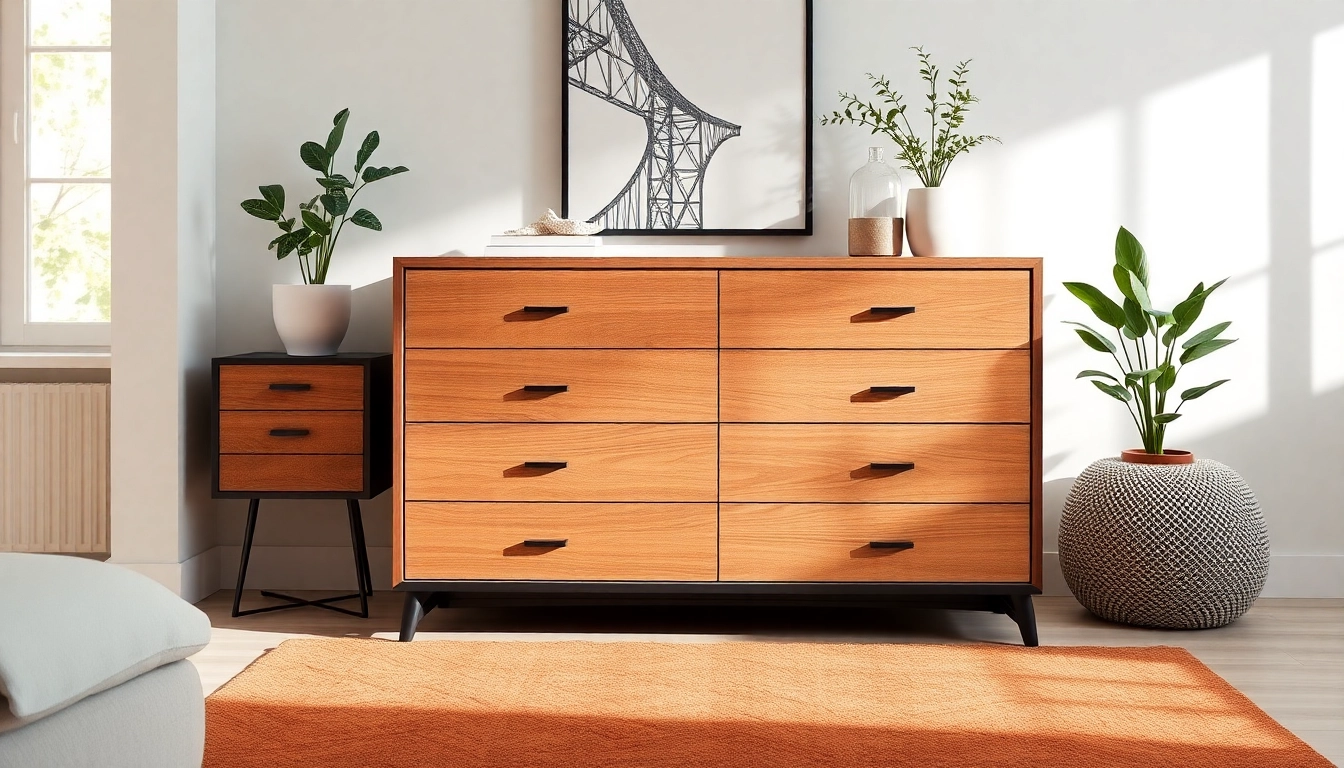 Showcase a modern chest of drawers featuring sleek lines and rich wood textures.
