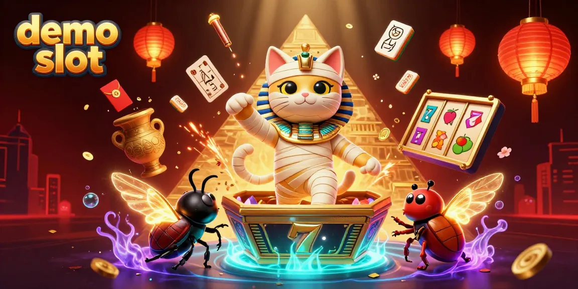 Engaging demo slot scene with a mummy cat and vibrant casino elements bursting with energy.