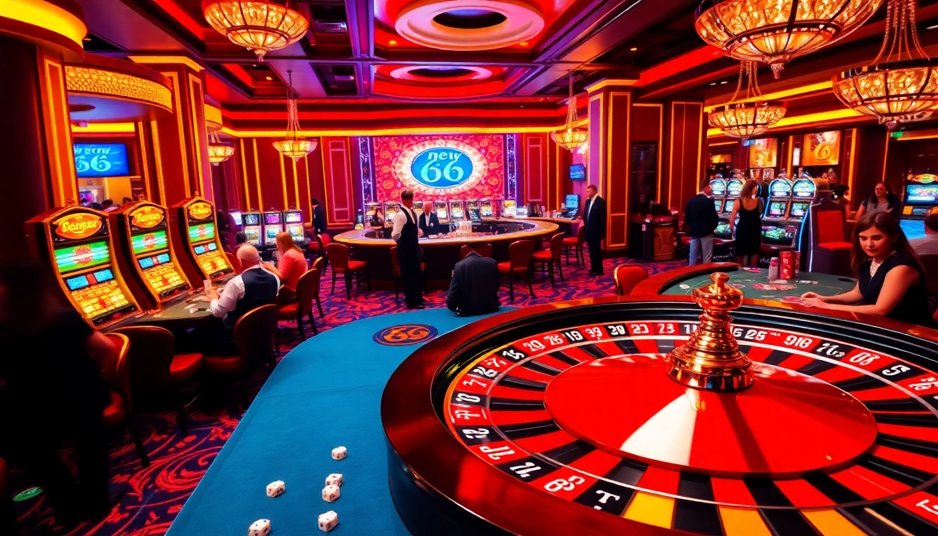 Gambling excitement at new 66 casino, featuring players at poker tables and a vibrant roulette wheel.
