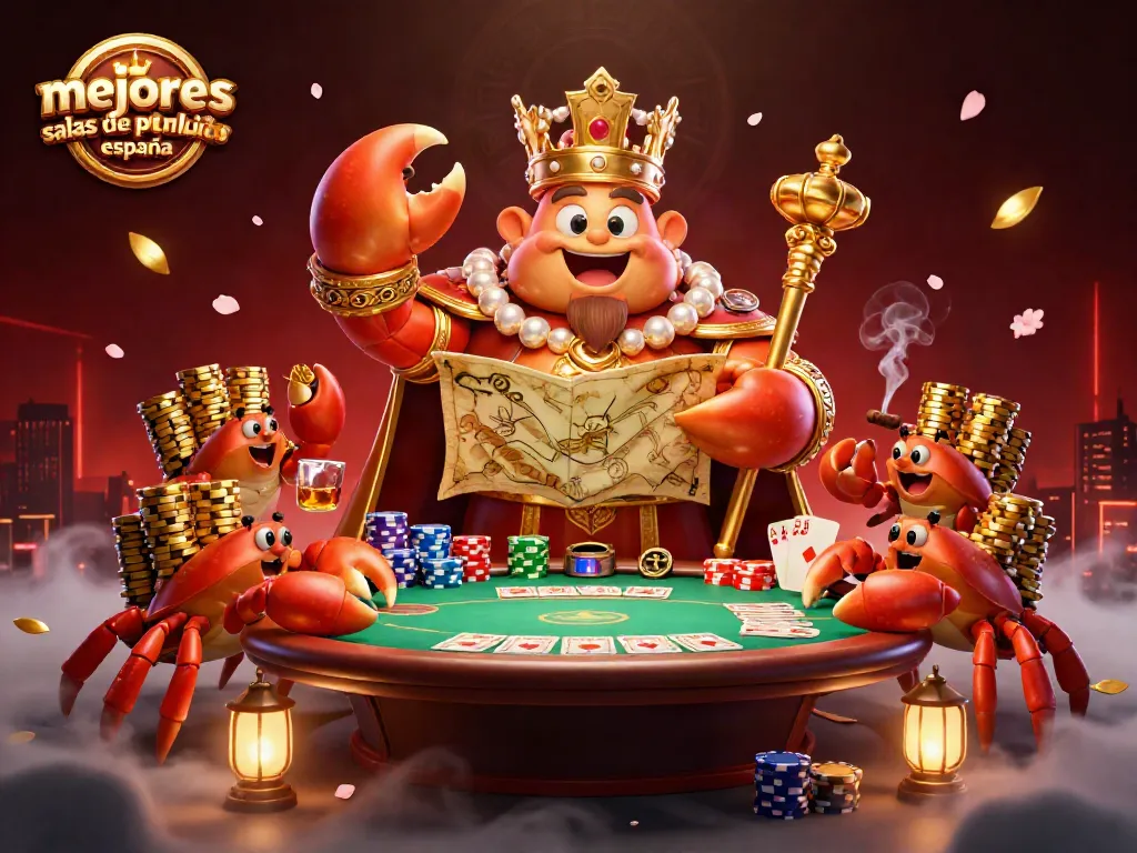 Mejores salas de poker online España: un rey cangrejo en una mesa de poker con cartas y fichas brillantes.