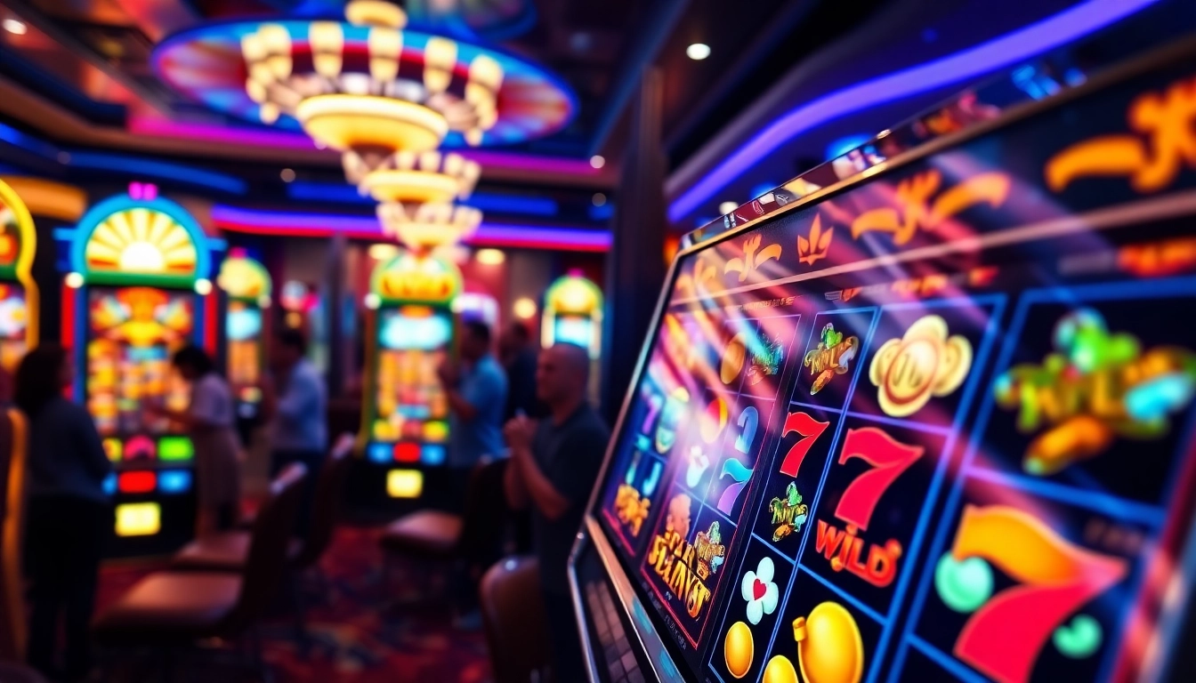 Experience excitement with slot777-themed slot machines in a lively casino environment.