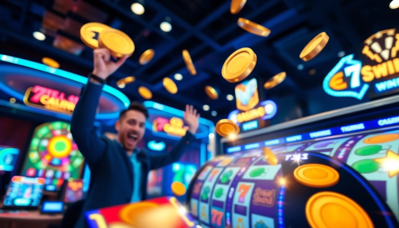 Menggambarkan keseruan bermain link tank4d toto slot dengan pemain merayakan kemenangan dan uang digital mengalir.