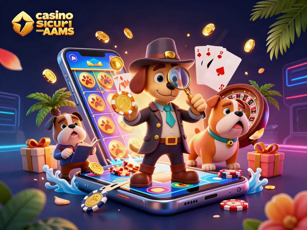 Cattura l'azione dei casinò sicuri non AAMS con un detective 3D e un bulldog analizzando un chip dorato, circondati da giochi e premi.