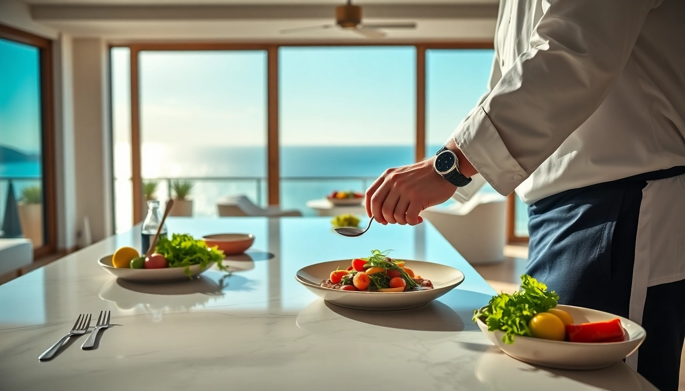 Private chef St Martin preparing a gourmet dish in a luxury villa kitchen.