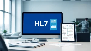 Das HL7 Interface, dargestellt auf einem Computerbildschirm in einem modernen Gesundheitsbüro.
