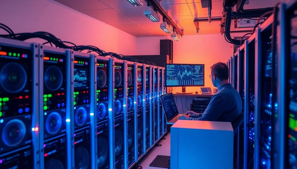 Crypto mining operation with advanced ASIC miners and data screens in a high-tech environment.