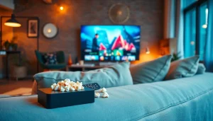 Engaging family movie night with iron tv pro streaming device in a stylish living room.