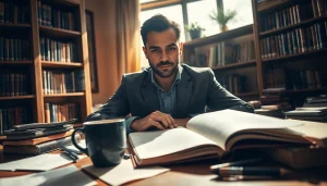 Thriller author immersed in writing at a desk with books and notes.