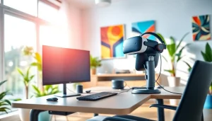 Experience virtual desktop technology in a dynamic home office setup with sleek devices.