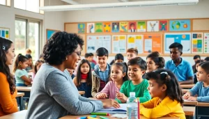 Students engaging in collaborative learning activities in an Education-focused classroom setting.