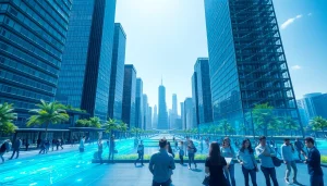 Technology landscape featuring diverse people interacting with advanced devices in a futuristic setting.