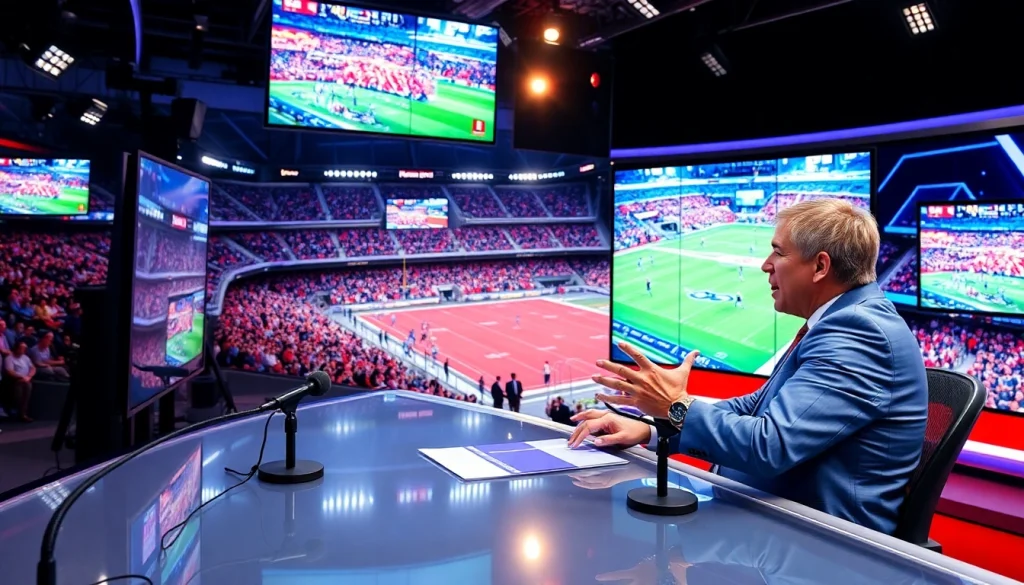 스포츠중계 중인 전문 해설자가 역동적인 경기를 분석하는 모습
