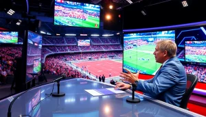 스포츠중계 중인 전문 해설자가 역동적인 경기를 분석하는 모습