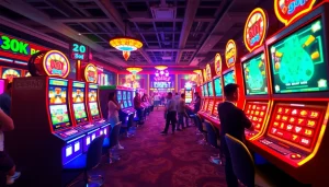 Rasakan keseruan bandar bola slot dengan mesin slot berwarna-warni dan suasana kasino yang hidup.