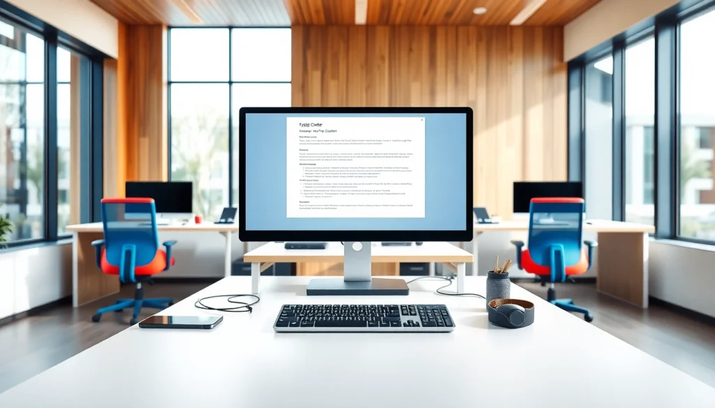 Experience a vibrant typing center designed for productivity and efficiency with modern furnishings.