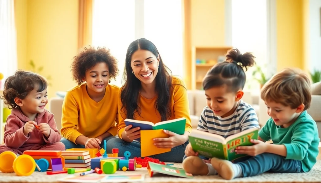 Hire a nanny in Abu Dhabi providing a nurturing environment for children in a sunny living room.