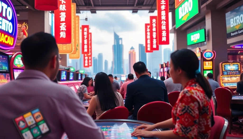 Menampilkan suasana Toto Macau yang dinamis dengan pemain terlibat di meja permainan.